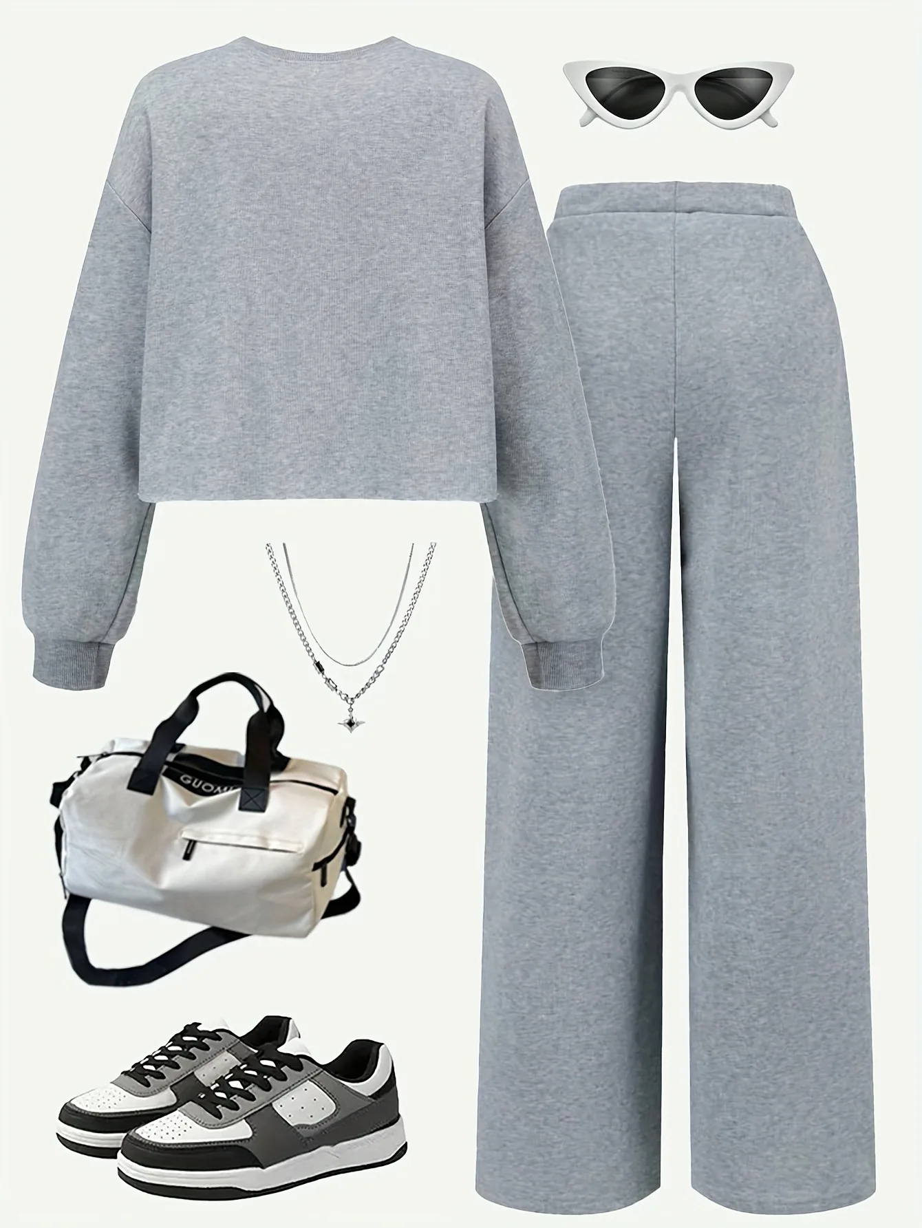 Horse Logo Girls 2 Piece Set Grey Sweatshirt & Wide Leg Trousers Cute Casual Outfit for Spring Fall
