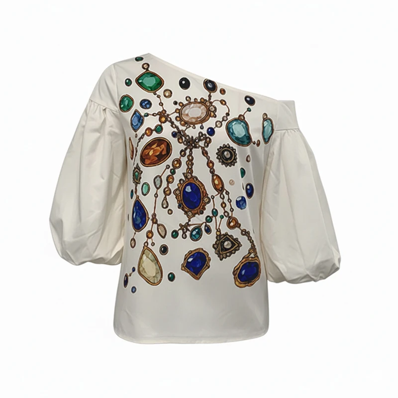 

UOOZEE Women's Vintage Gemstone Printed Off-The-Shoulder Puff Sleeve Tops Loose Elegant Casual Office Party Blouses