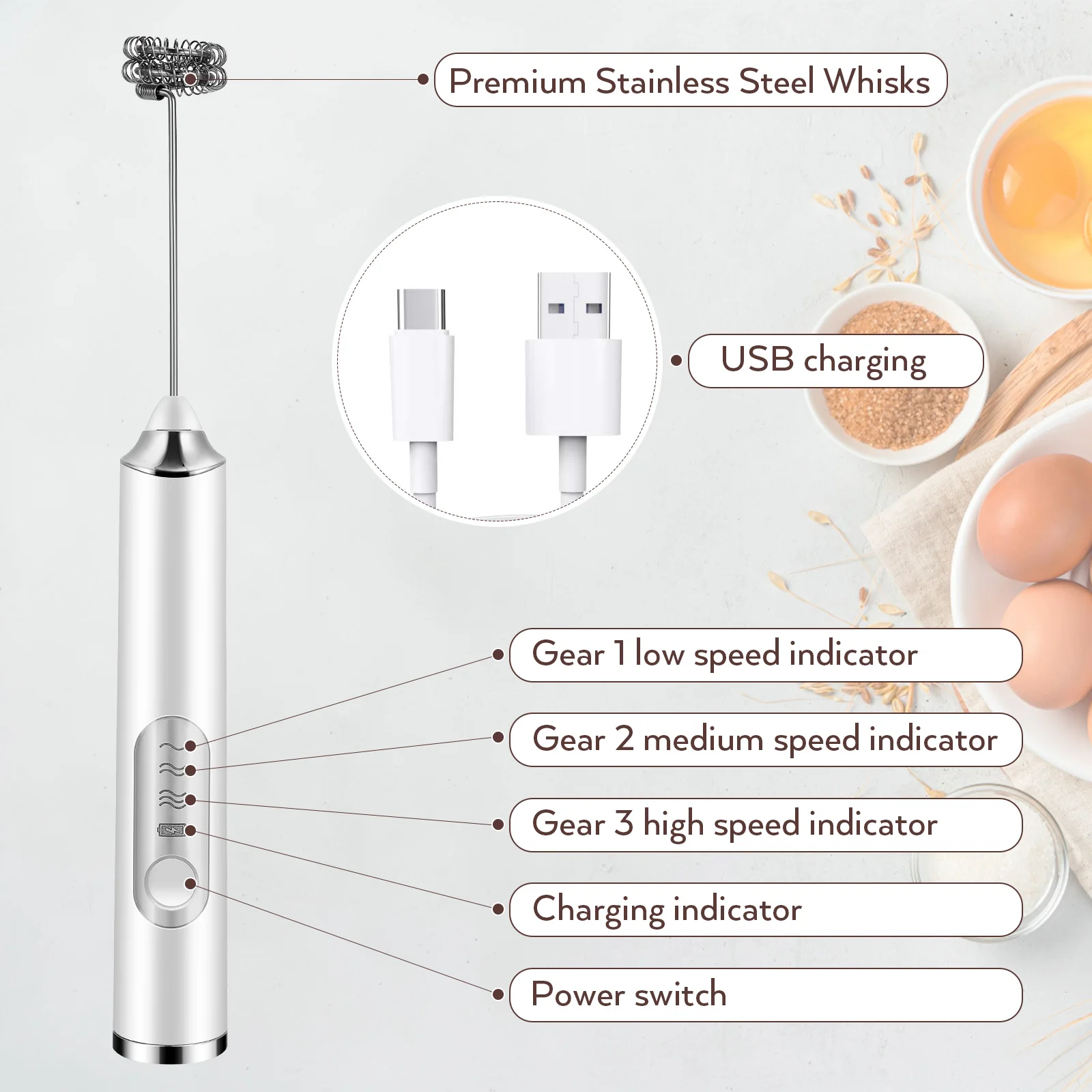 

Electric Milk Frother Egg Beater Drink Mixer Handheld Whisk Machine 2 Heads Rechargeable USB Long Serving Time Portable Easy