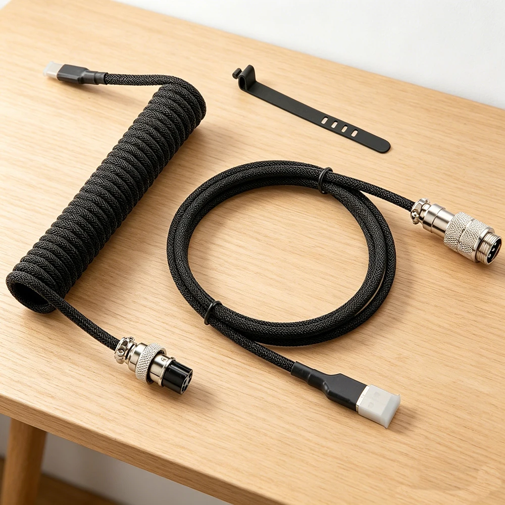 Coiled USB-C Cable, Detachable Metal Aviator, 1.5M Double-Sleeved Braided, USB-A to USB-C Cord for Mechanical Gaming Keyboard