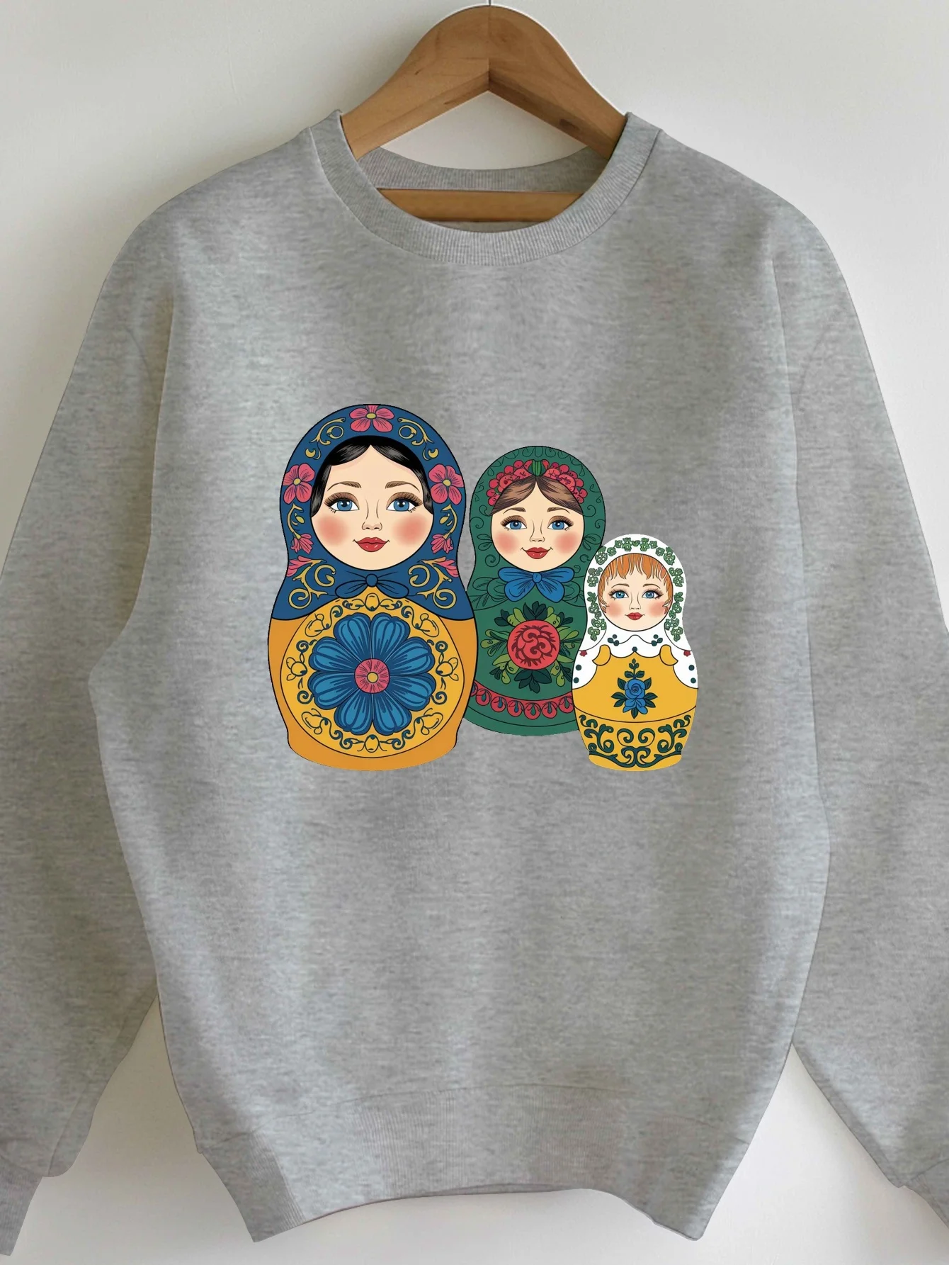 

[Geometric Dolls Sweatshirt] 1Pc Geometric Russian Nesting Dolls Crew Neck Sweatshirt - Polyester Knit Fabric, Regular Length