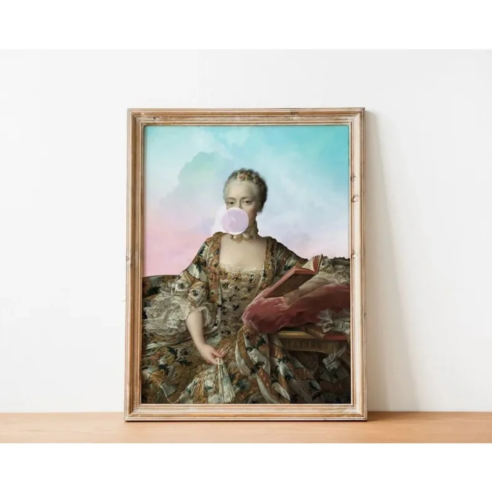 Surreal Victorian Woman Bubble Gum Reading Antique Portrait Poster Canvas Painting Wall Art Picture Modern Room Home Decor