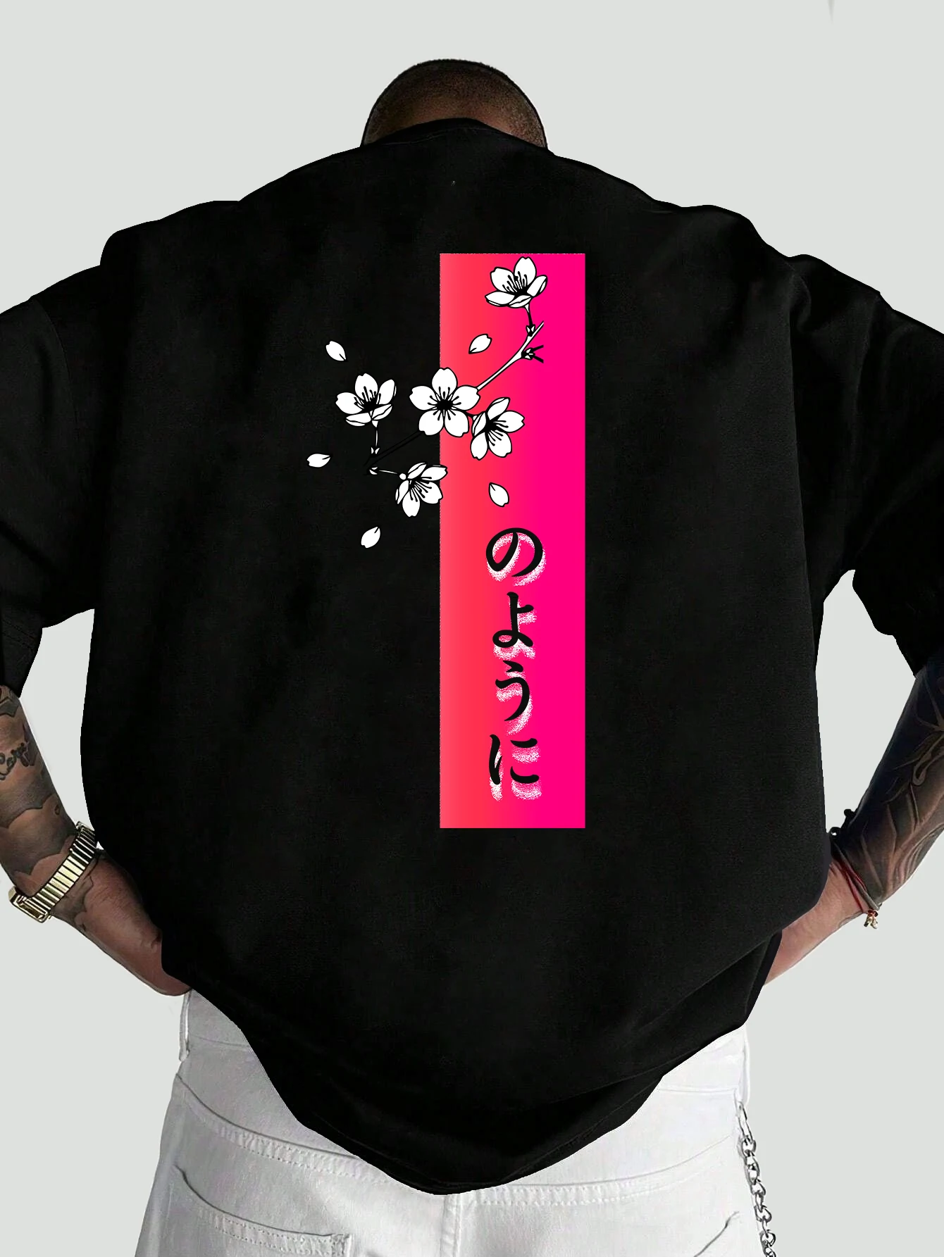 Vintage Sakura Petals Japanese Hiragana Gradient Rectangle Back Print Oversized T Shirt Men Crew Neck Daily Loose Top
