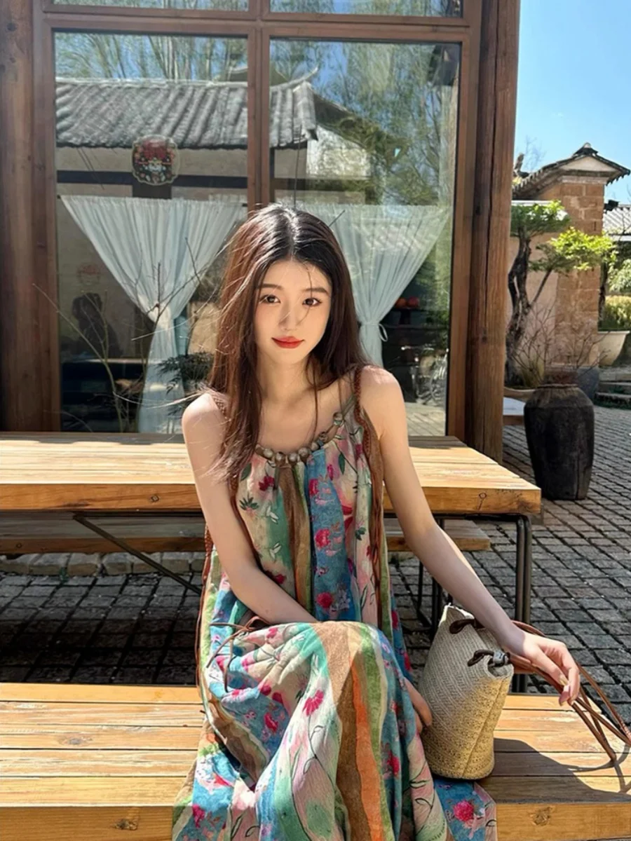 New Chinese Sle Vintage Floral Print Maxi Dr Women's Summer Casual Gown High Waist A-Line Skirt Svel Square Ne