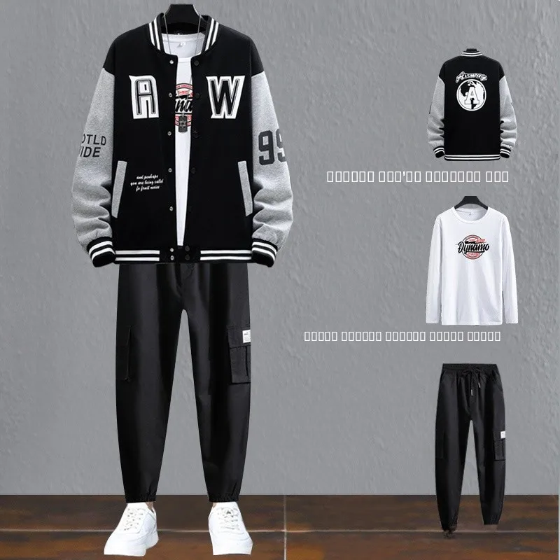 

Baseball Jacket Men's Sporty Loose Teenage Set High School Students Hong Kong Style Jacket Spring Autumn Trendy Cotton Polyester