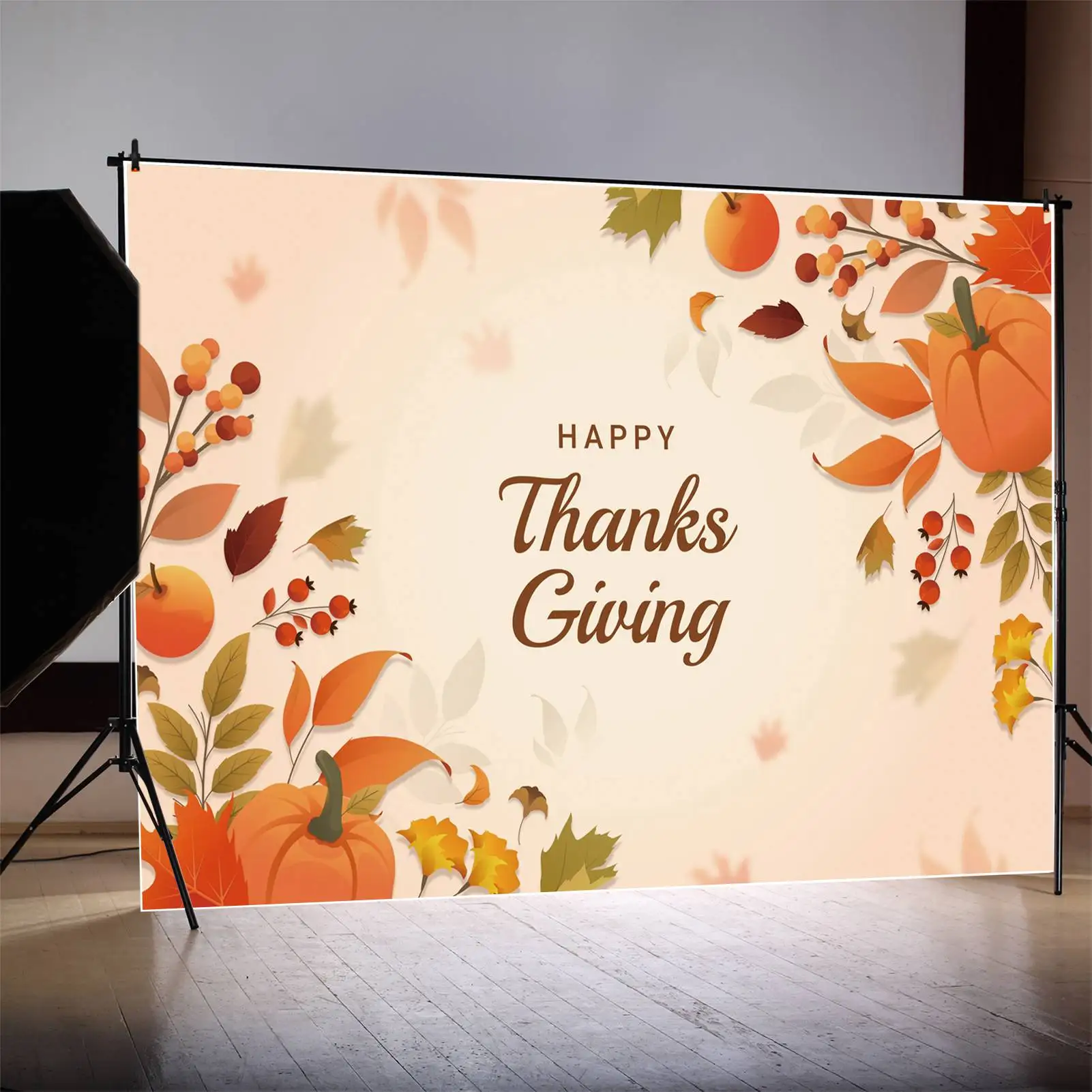 MOON.QG Backdrop Happy Thanksgiving Banner Poster Background Autumn Harvest Pumpkin Leaves Bean Party Photo Booth Decorations