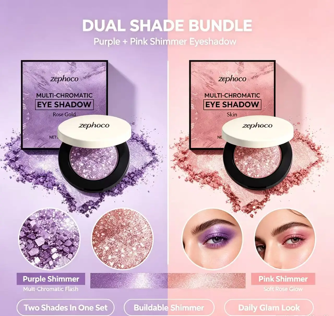 2Colors Eyeshadow Palette Highly Pigmented Matte Shimmer Glitter Eye Shadow Powder Blendable  Makeup for Day to Night Look
