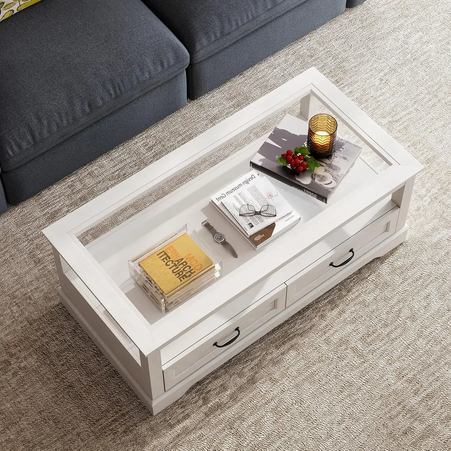 Coffee Table 47" Coffee Table with Glass Tabletop Open Display Area and Storage Drawer Modern Farmhouse Center Table for Living