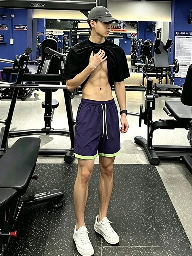 

American Style Quick Dry Nylon Shorts Men's Summer Thin Color Block Workwear Fitness Sports Ice Silk Four Split Pants