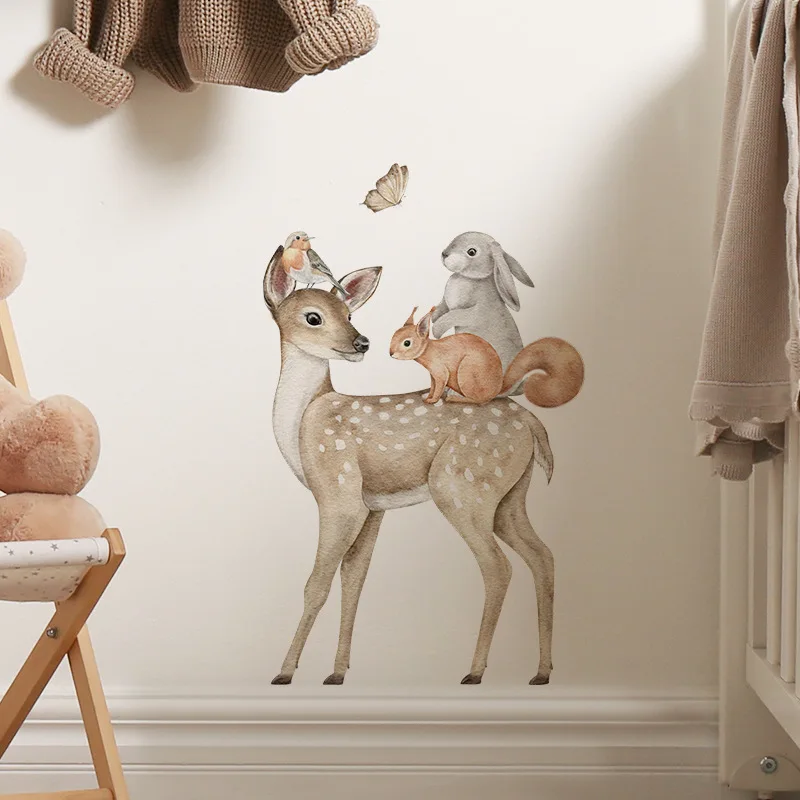 Cute Sika Deer Wall Decals Cartoon Animal Wall Stickers Fox Rabbit Butterfly Home Decor for Living Room Bedroom Sofa Background