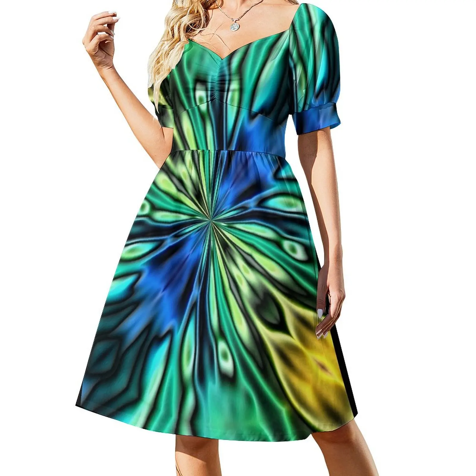 Yellow Blue Green and Black Abstract Short Sleeved Dress purple dress Long dress woman