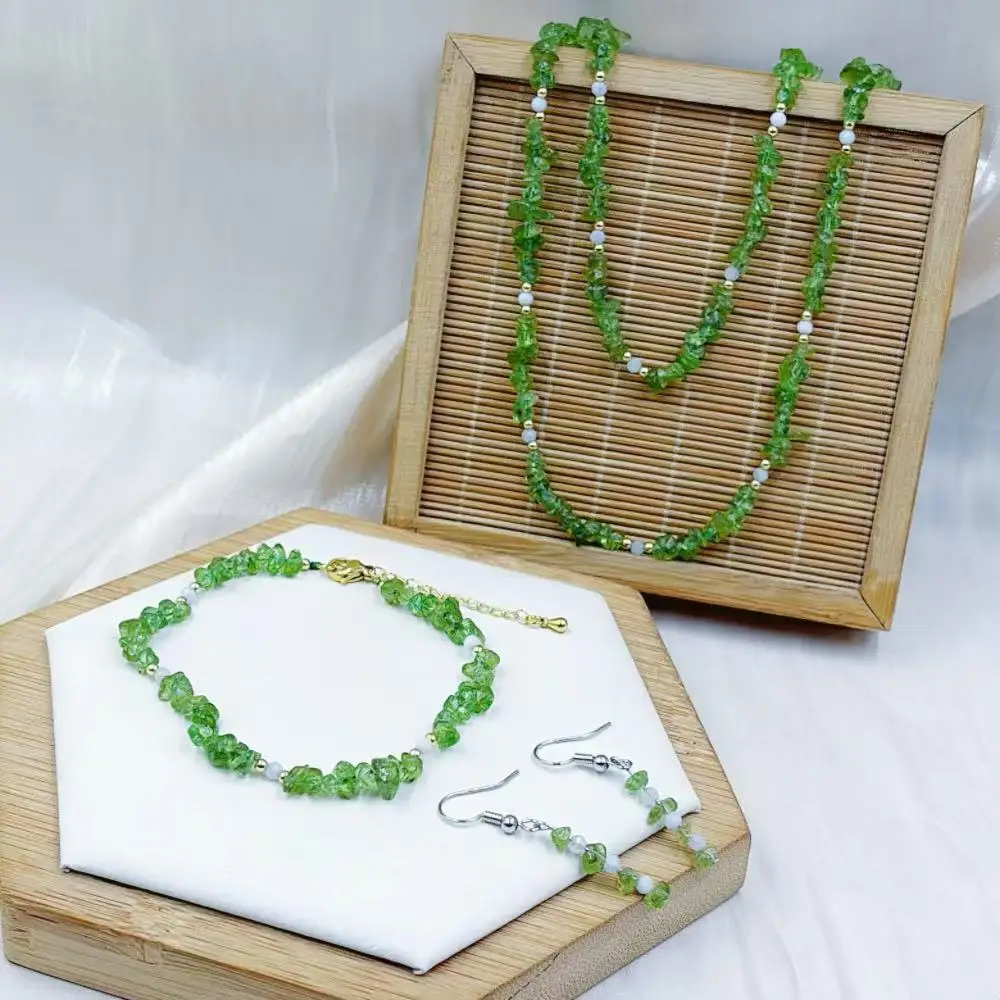 3-6mm Green Natural Gems Peridot Stone Women Lady Long 2 Layers Necklace Bracelet Earrings Jewelry Set 100cm 18cm