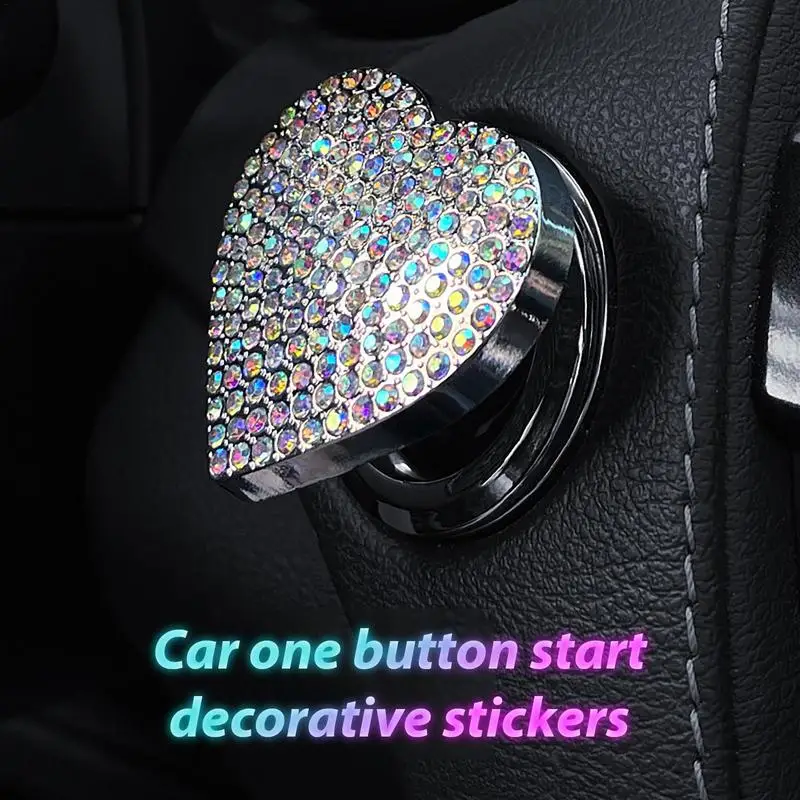 Car Push Start Button Cover Car Rhinestone Engine Start Stop Button Glitter Cover Self Adhesive Auto Interior Accessories Heart