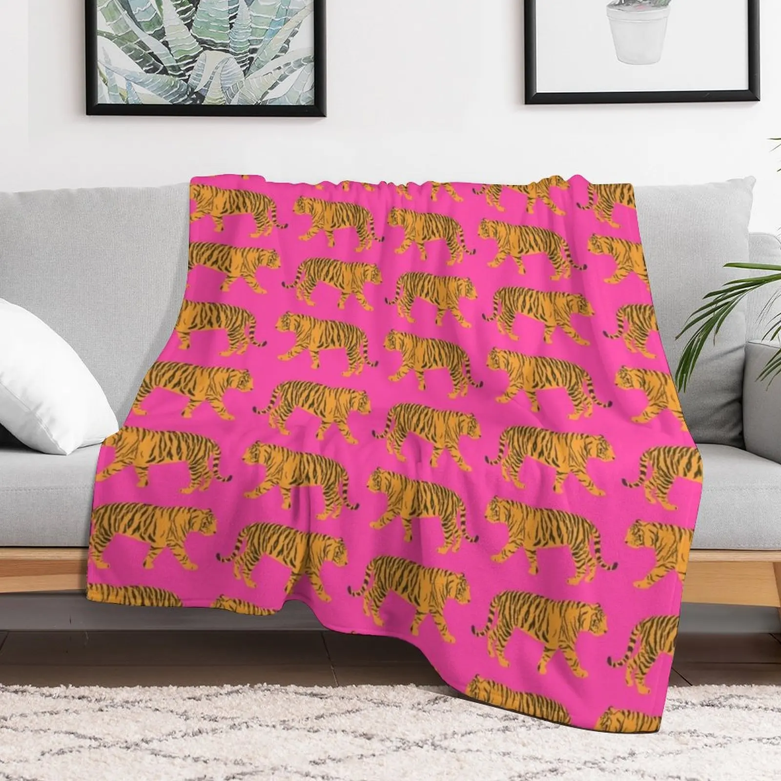 Hot Pink and Orange Bengal Indian Tiger Print Pattern Throw Blanket