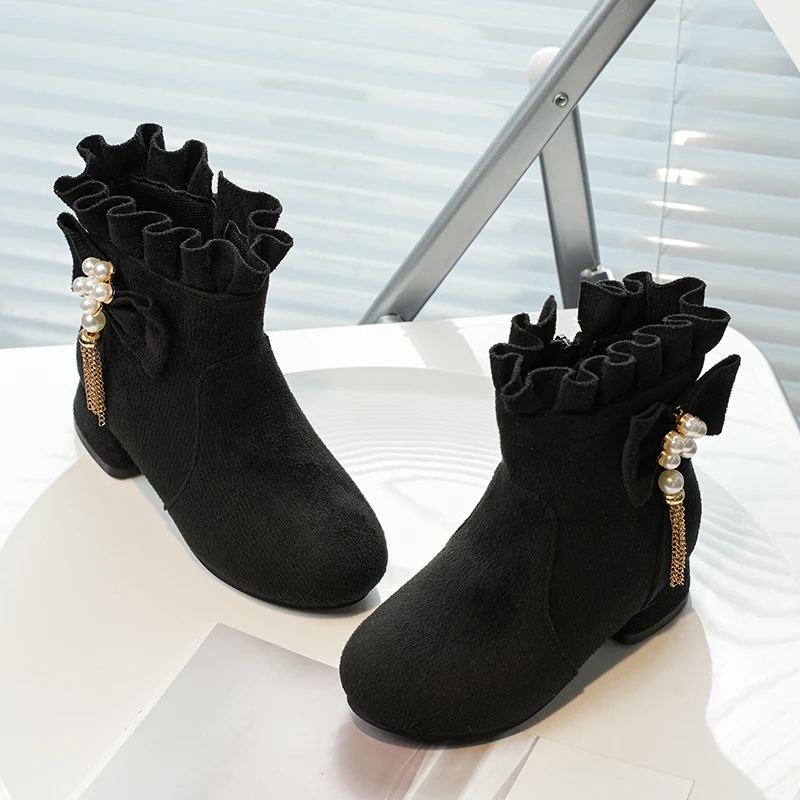 الفتيات الصغيرات الأسود كشكش طوق الأحذية الجلدية مع لامعة مطرز القوس 2025 جديد الشتاء الاطفال مدرسة حفلة أحذية بوت قصيرة عدم الانزلاق شيك