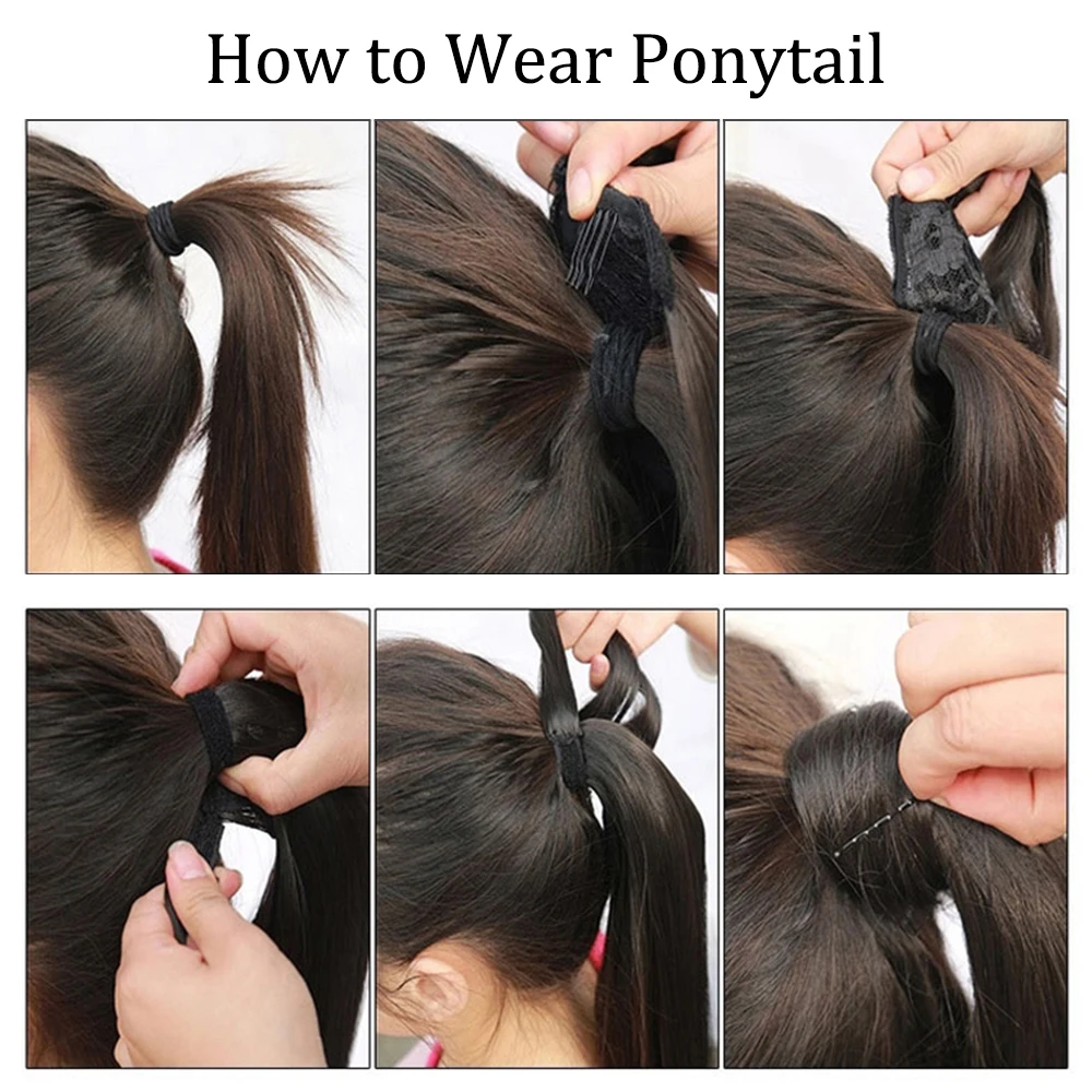 Synthetic 34 Inch Long Straight Ponytail Hair Extensions Natural Brown Wrap Around Clip In Pony Tail Hairpiece For Women