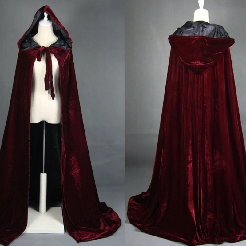 Wein rot schwarz samt mit kapuze mantel hochzeit cape Halloween wicca robe mantel Lager braut schal medieval mantel