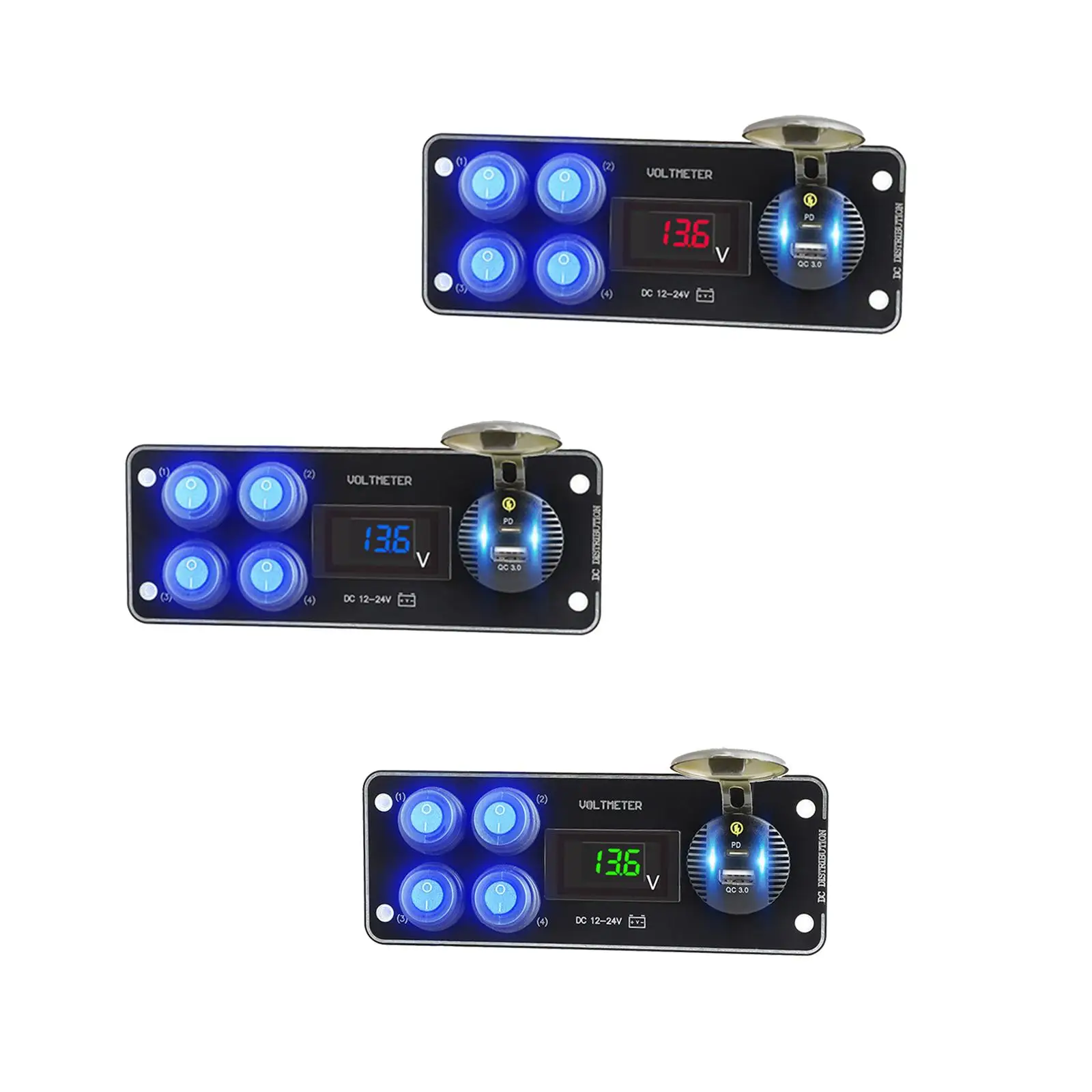 

4 Gang Switch Panel LED Voltage Display Car Charger for Car Boat Truck
