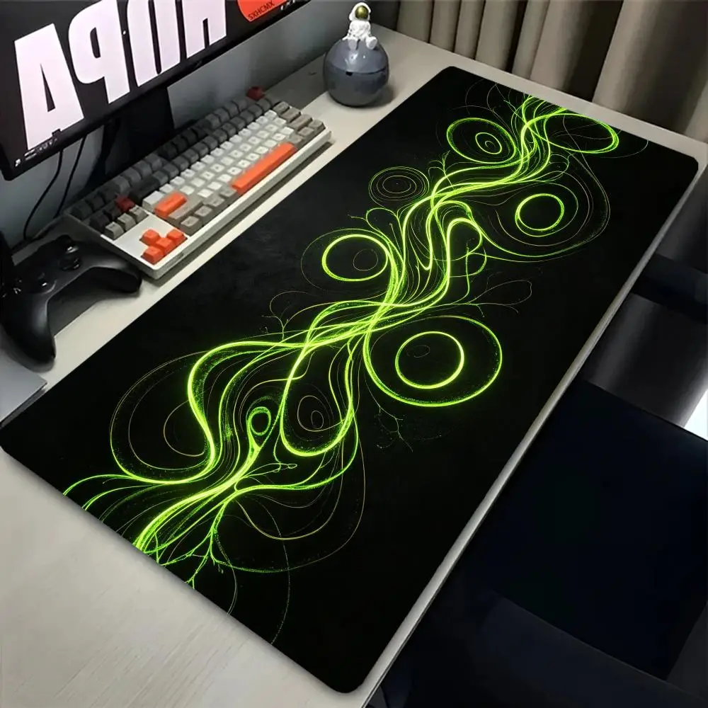 Dynamic Swirl Bright Green Liquid Light Abstract Effect Large Size Table Mat Mousepad For Laptop Gaming Workspace