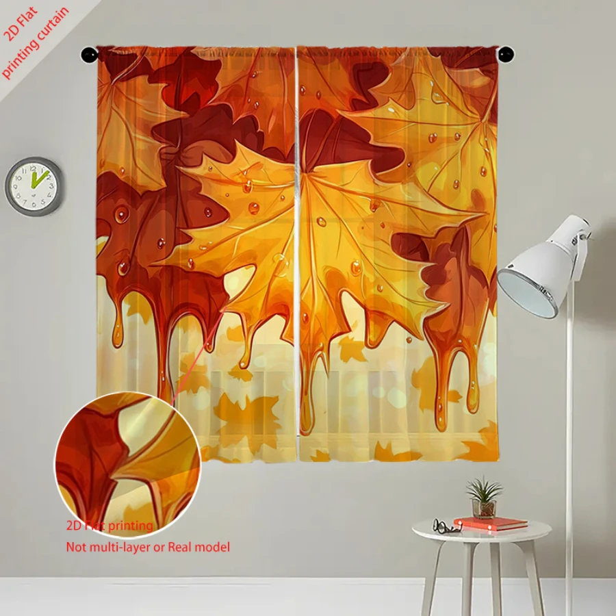 2PCS Maple Sheer Curtains, Red Yellow Maple Leaf Water, Digital Print, Bedroom Living Room, Rod Pocket Polyester, Home Decor