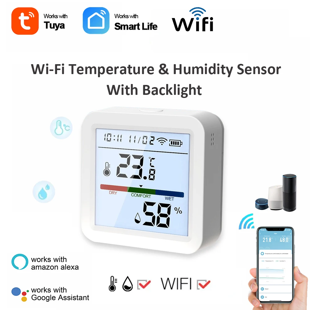 Sensore di temperatura e umidità WIFI termometro igrometro intelligente Tuya per interni con retroilluminazione supporto Display LCD Alexa Google