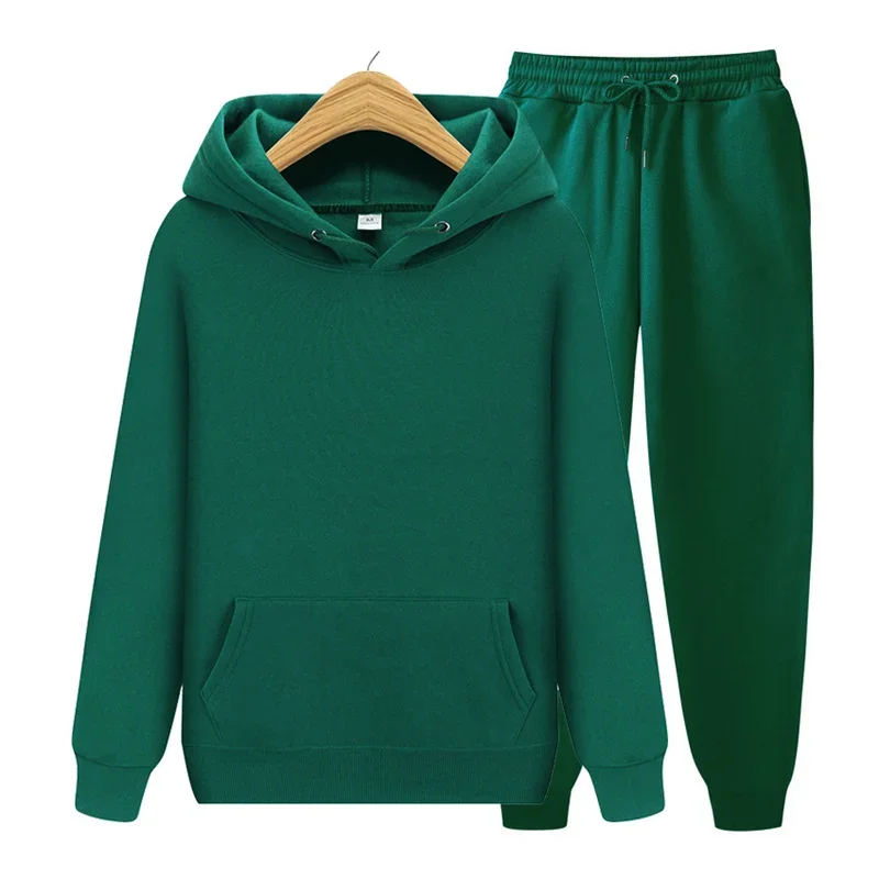 Men Solid Color Casual Hooded Sweatshirt Suits Autumn Winter Elasticated Waist Lace-up Long Pants New Male Sports Two Piece Sets