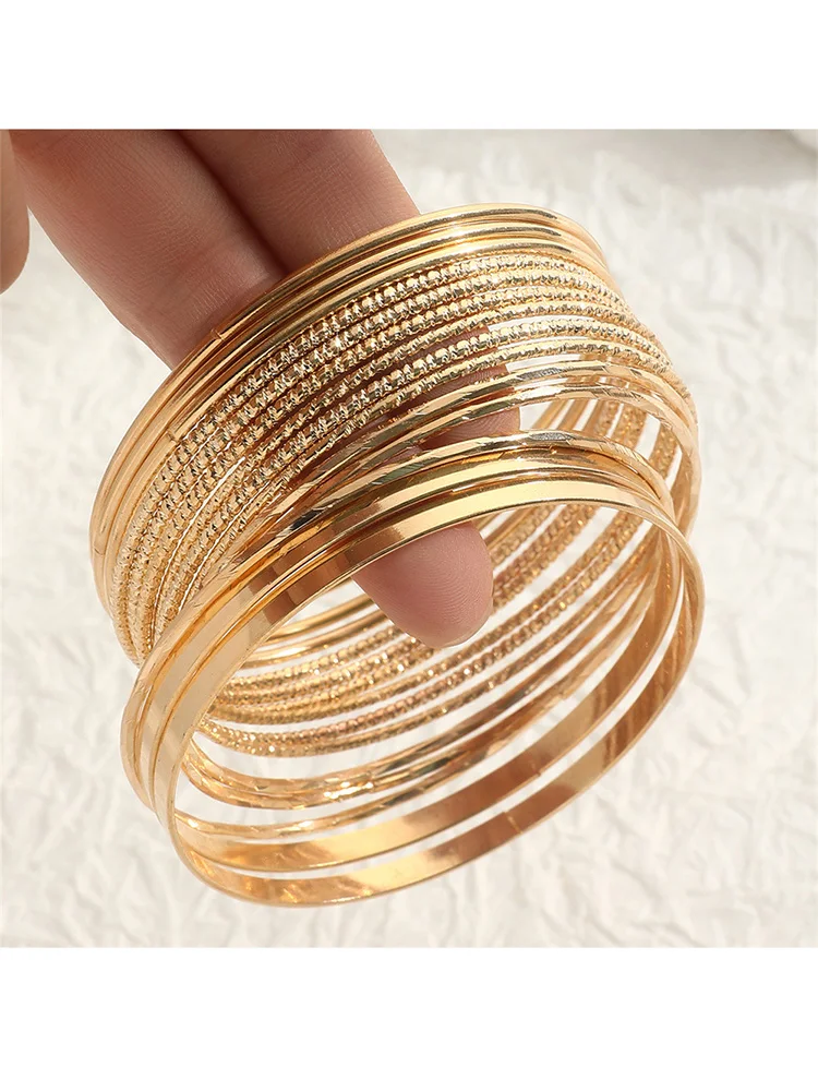 Classic 14pcs Set Gold Bangles for Women Smooth Stainless Steel Fashion Accessories Gift