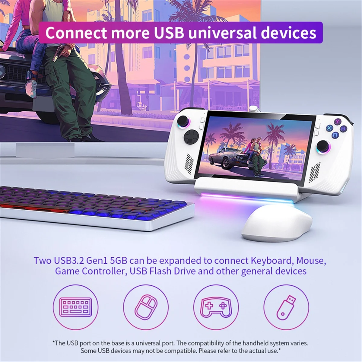 محطة إرساء رائجة الآن لحامل سطح البخار ROG Ally Hub RGB مع تلفزيون 4K@60 هرتز/ 1 جيجا بايت إيثرنت/ USB3.0/ PD 3.0 شحن سريع