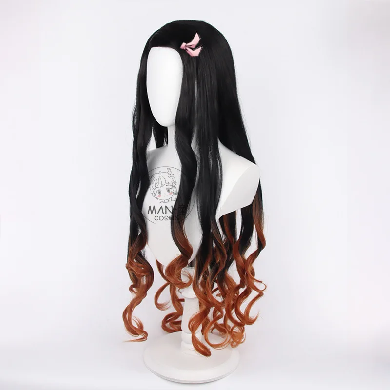 Mignon Nezuko Kamado Cosplay Wig Bleached Curly Hair Free Pink Ribbon Halloween Gift