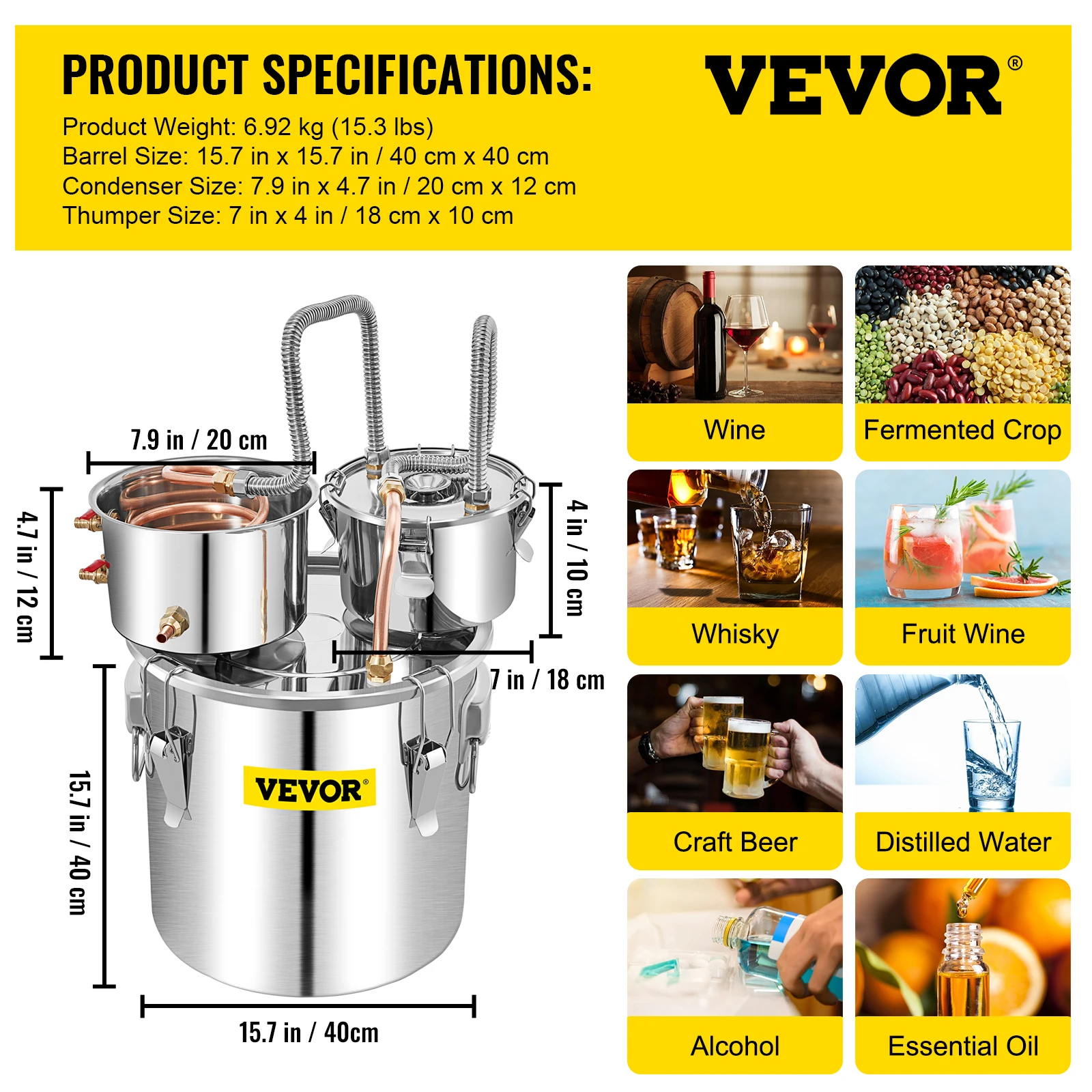 VEVOR 50L Alcohol Water Distiller Bottle DIY Moonshine Equipment Stainless Steel Brewing Machine for Whisky Wine Beer Dispenser