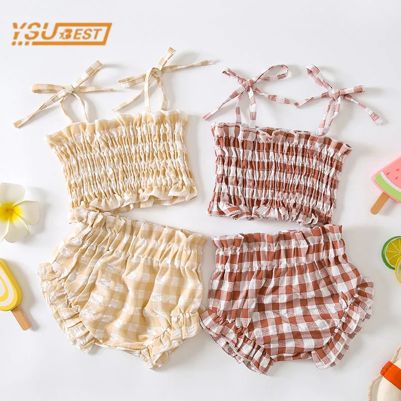 Summer Baby Girls Sleeveless Grid T-shirt + Shorts Suit Cute Baby Girls Braces Clothes Suit Infant Baby Girls Clothing Suit