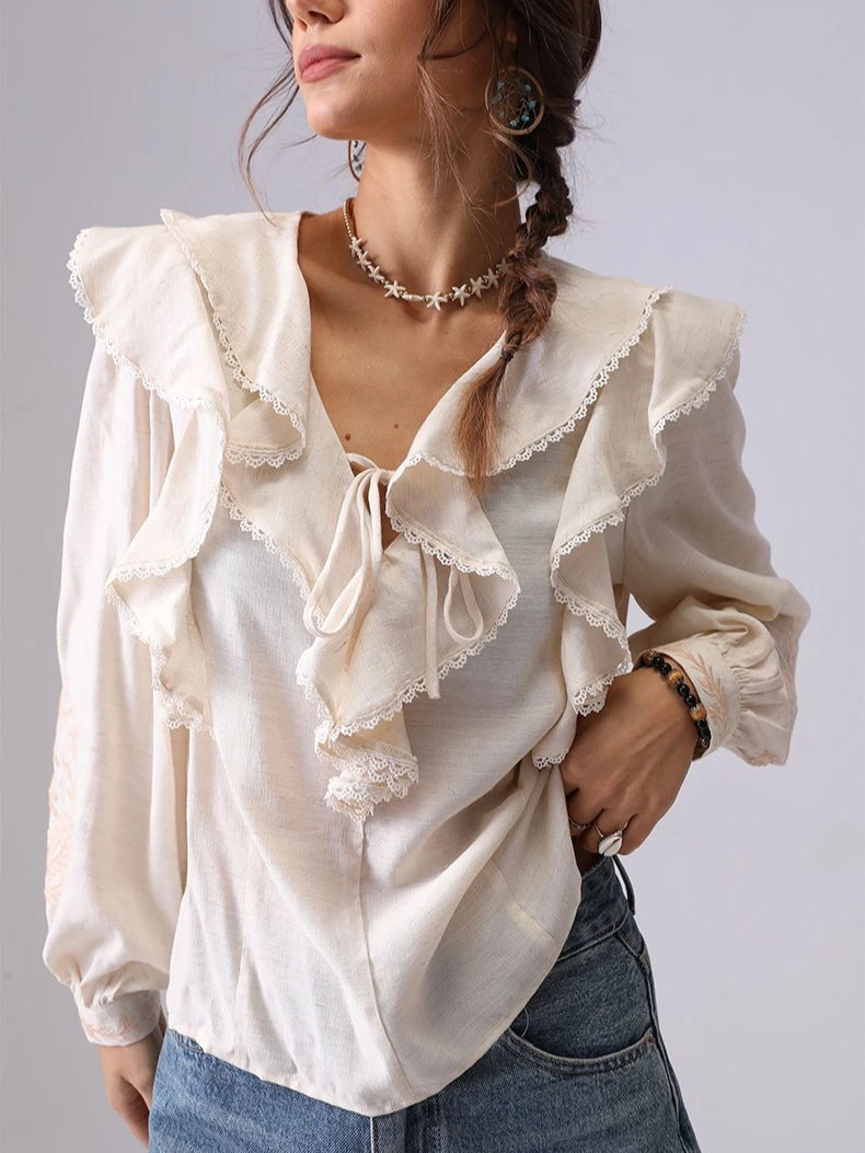 

Elegant French Style Shirt Blouses Women Floral Embroidery Spring Autumn Long Sleeve V-neck Tie Ruffle Vocation Ladies Tops New