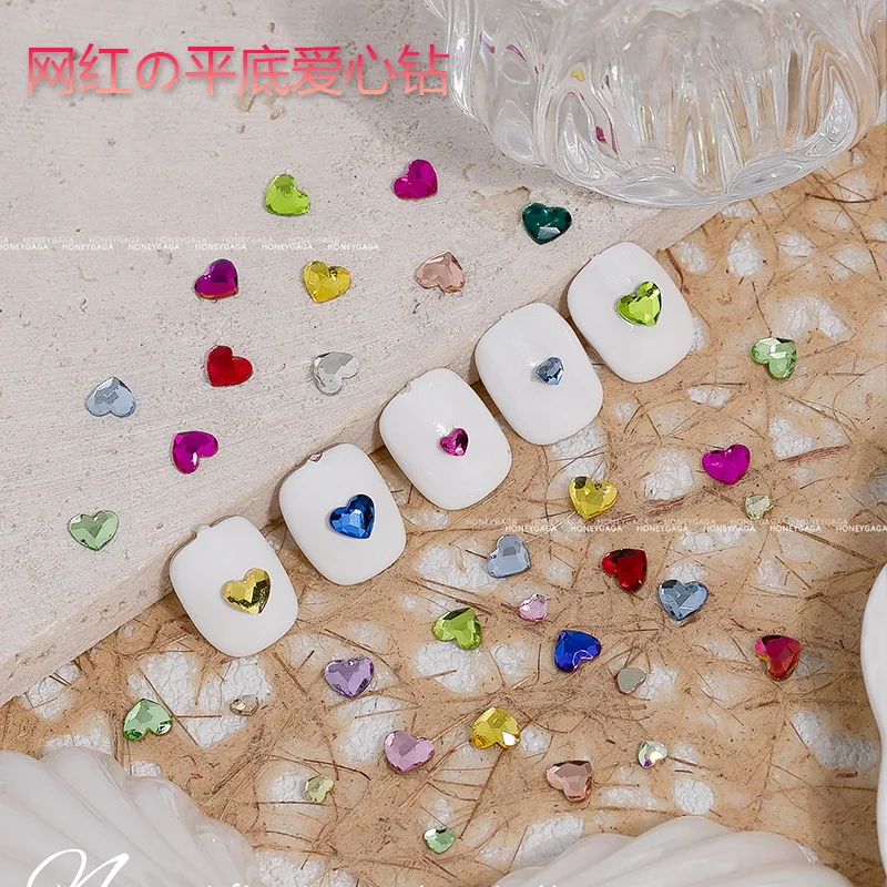 50PCS Rainbow-Translucent Vibrant Multi-Color Crystal Heart Nail Rhinestones Mini Nail Charms For Sweetheart Style Decor