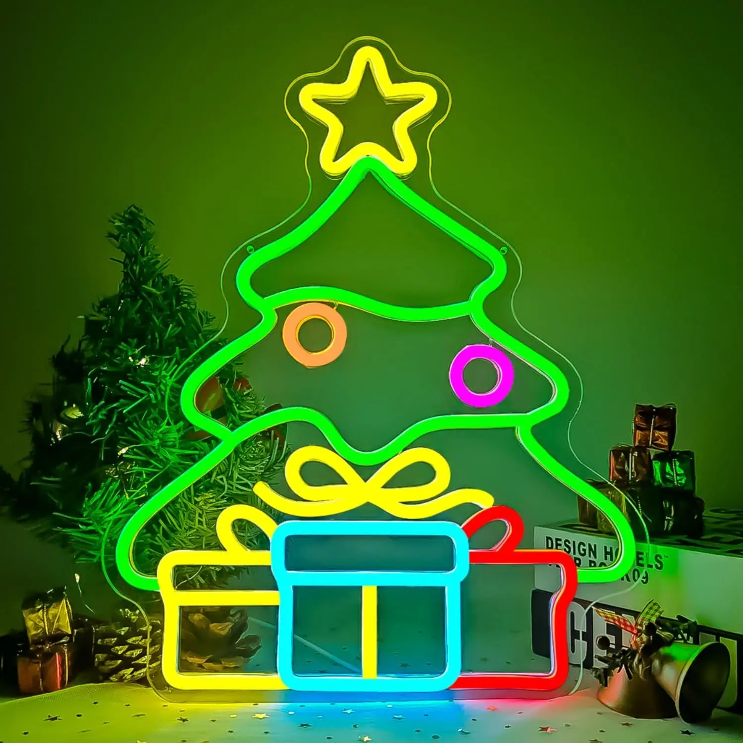 Letrero de neón con forma de árbol de Navidad, decoración navideña para habitación, decoración de pared, lámpara Led, luz regulable para decoración de ventanas de tienda en casa