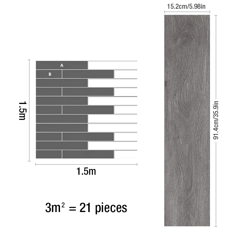 두꺼운 목재 그레인 바닥 벽지 3D 벽 스티커, 방수 내마모성, 8.8 피트, 91x15cm, 19 개
