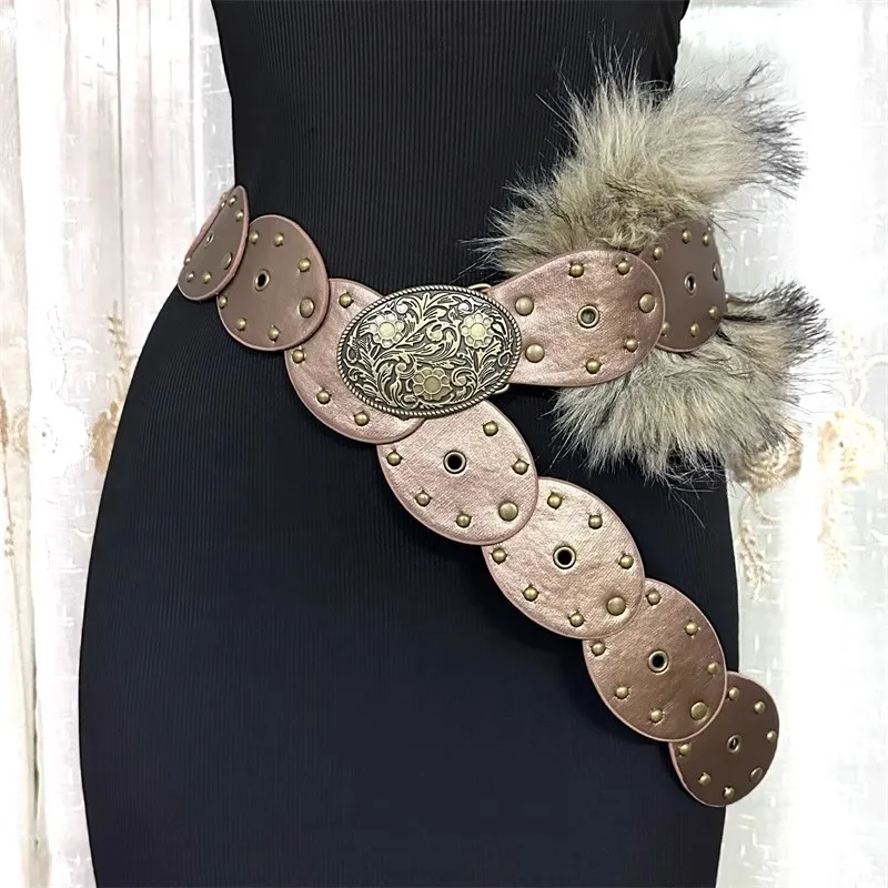 女性のファッションフェイクファーパッチワークリベット Pu レザーコルセット女性カマーバンドコートウエストバンドドレス宣言ワイドベルト J1332