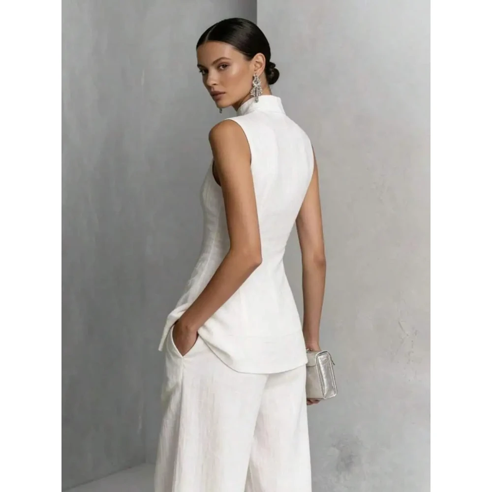 Women Linen Two Piece Set Stand Collar Sleeveless Blouse Paired With High Waist Wide Leg Pants