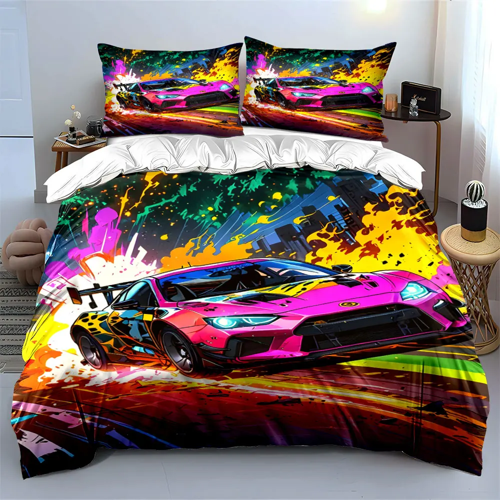 Vibrant race car amidst explosions Print Bedding Set 1 Duvet Cover 2 Pillowcases for Adult and Children Luxury Gift Full Size