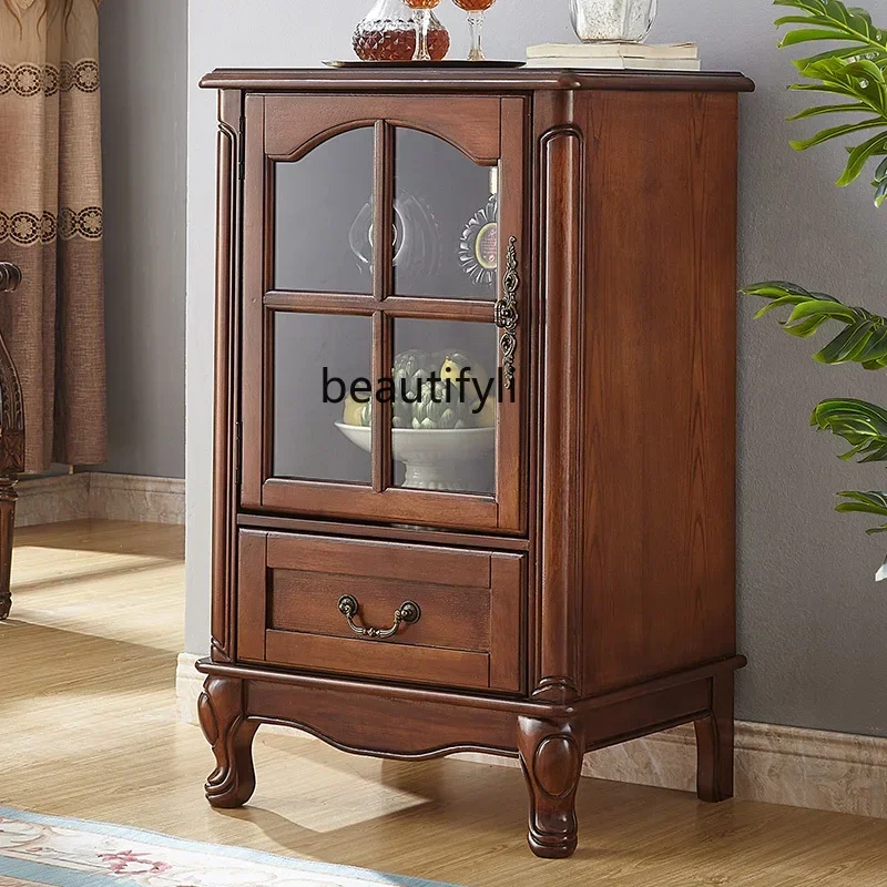 

yj9 Solid wood, display cabinet, living room against the wall wine cabinet, American floor-to-ceiling single-door glass cabinet