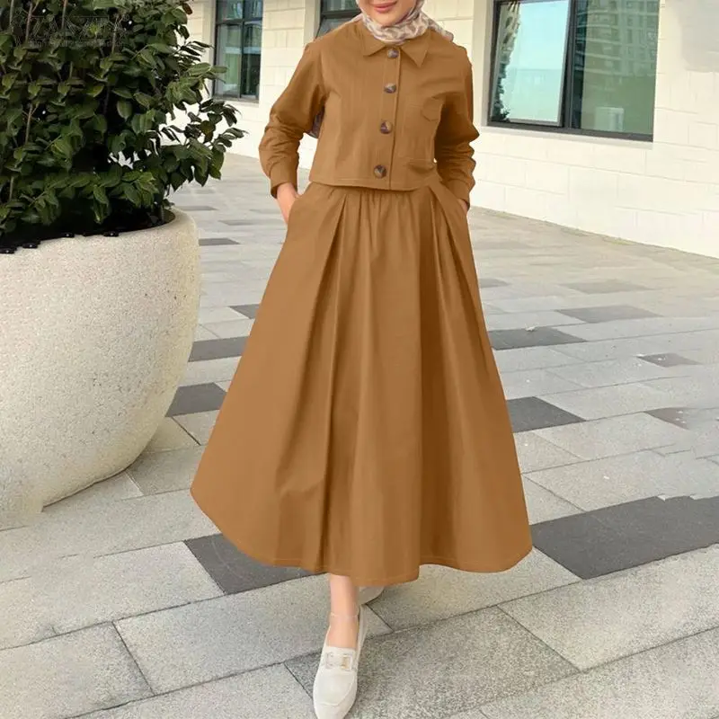 

Мусульманские модные юбочные костюмы, женская рубашка с длинными рукавами и юбка-миди А-силуэта, комплекты из 2 предметов, ZANZEA, исламские свободные однотонные наряды