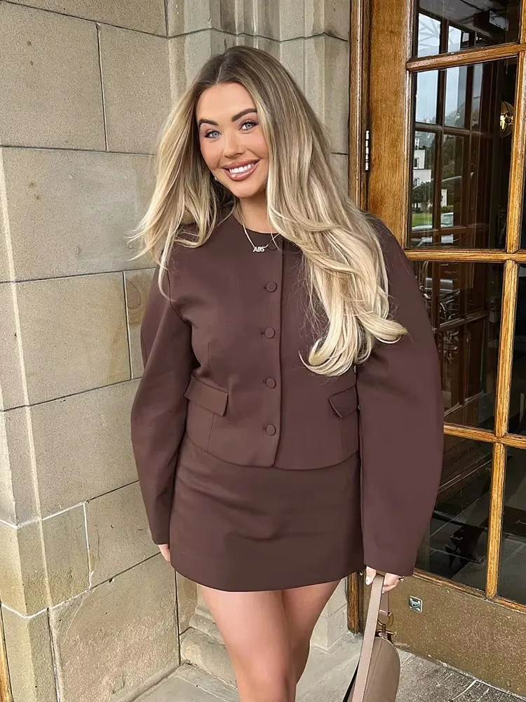 TRAFZA-معطف أنيق برقبة دائرية أحادية الصدر للنساء ، أكمام طويلة ، ملابس خروج قصيرة للنساء ، تنورات قصيرة بقصة ضيقة أنيقة ، طقم أزياء #1