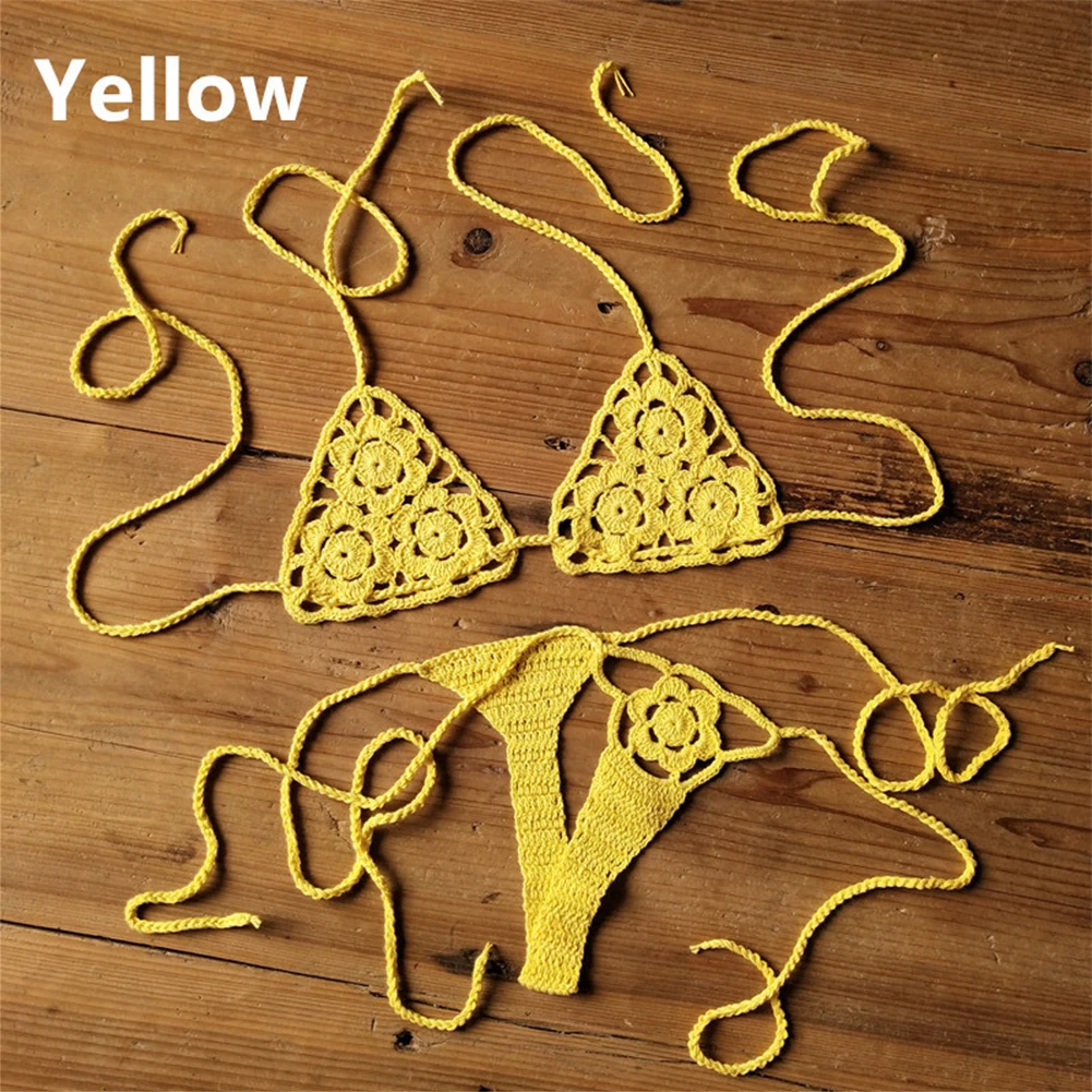 Summer Beach Hand Crochet Two-Piece Solid Color Bandage Bikini Set For Women Hollow Bikini Set Women\'S Swimsuits Beachwear