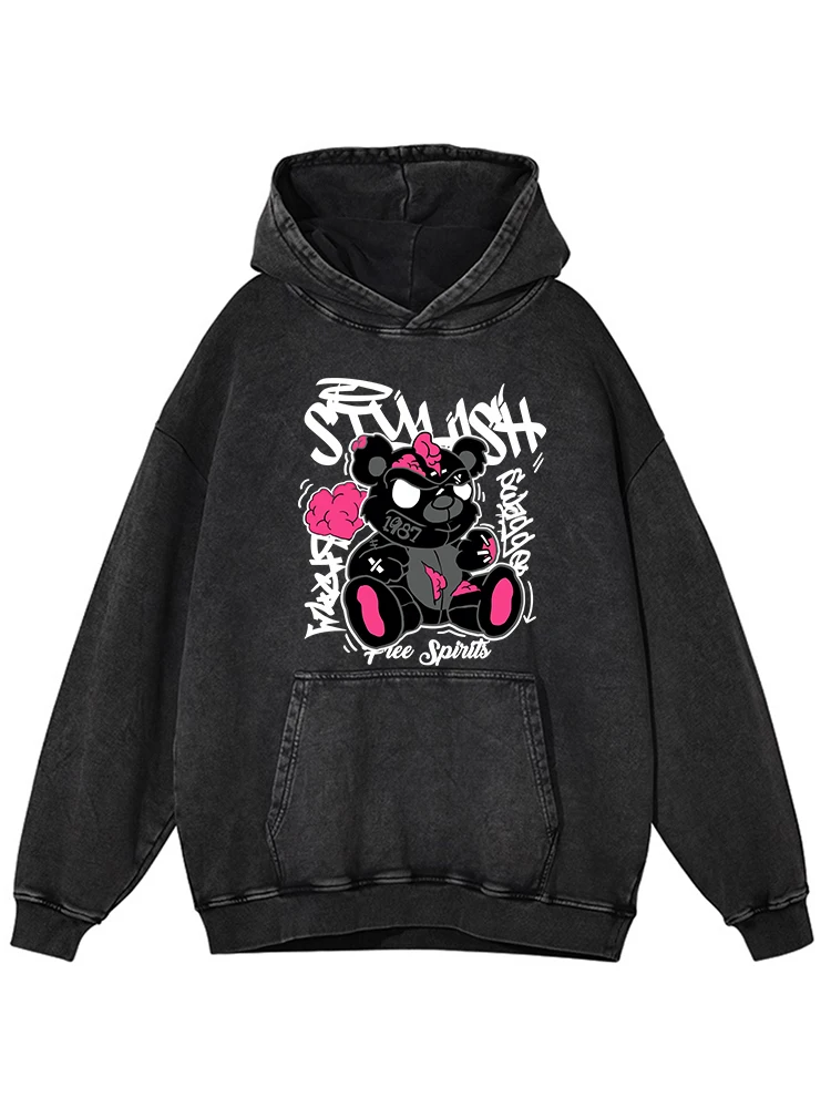 Cute Graffiti Cartoon Bear Print Women'S Cotton Washed Distressed Hoody Fashion Comfortable Hoodie Autumn Versatile Tops Female