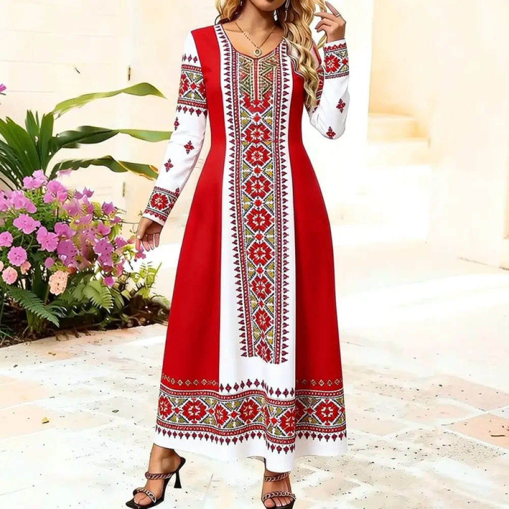Fashion Floral Maxi Gown Women Vintage Rose Print Long Sleeve Loose Fit Casual Elegant Beachwear Comfortable Outfit