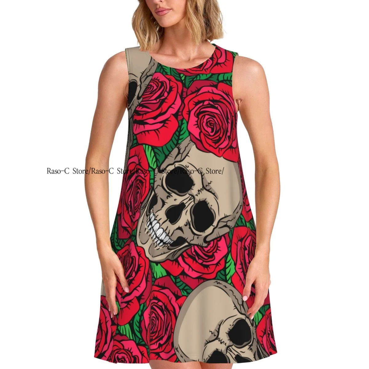 ชุดสตรีกะโหลกและดอกกุหลาบฤดูร้อนเสื้อยืดลําลองชายหาดปกคลุมชุดถัง