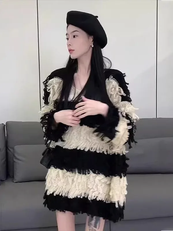 

Женский вязаный свитер Lu Sle Long Sve свободного кроя с V-образным вырезом, средней длины, зимний, модный, с бахромой, люксовая одежда для девушек