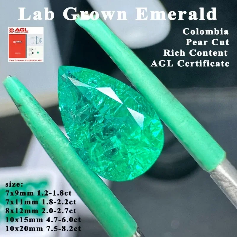 

Top Lab Grown Emerald Colombia Gem Pear Cut Rich Content Crack Inclusions Advanced Jewelry Making Materials AGL Certificate