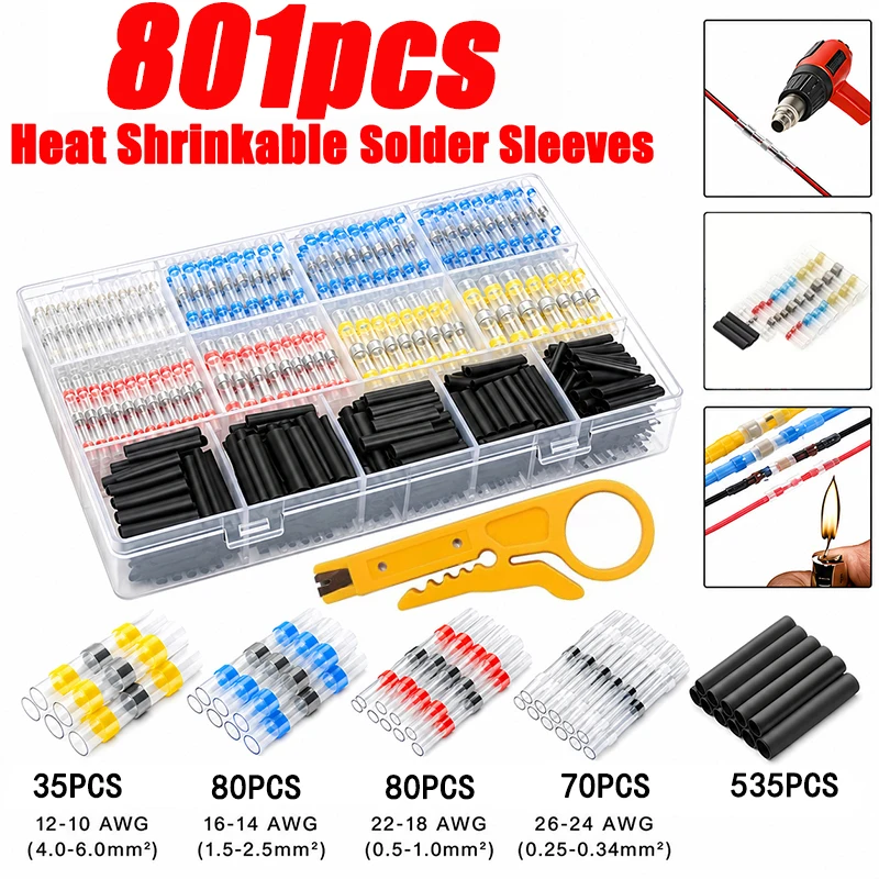 801PCS Heat Shrinkable Solder Sealed Wire Connectors Wire Connector Kit Electrical Terminals, No Soldering Insulated Terminals