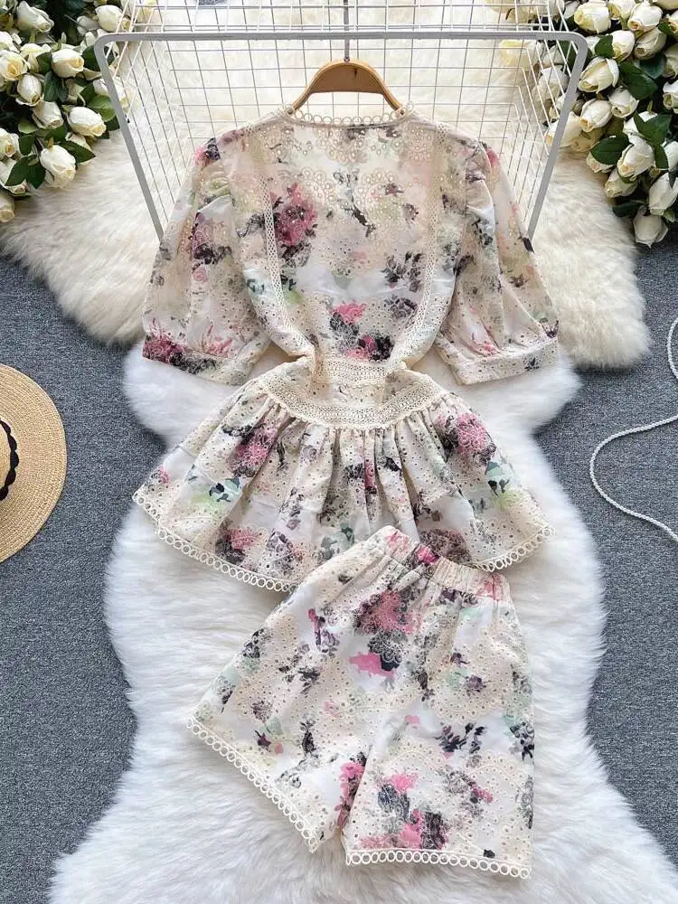 Elegant Flower Embroidery Lace Shorts Set Women Short Sleeve Hollow Out Ruffles Shirt Top+Wide Leg Shorts Summer 2 Piece Outfits