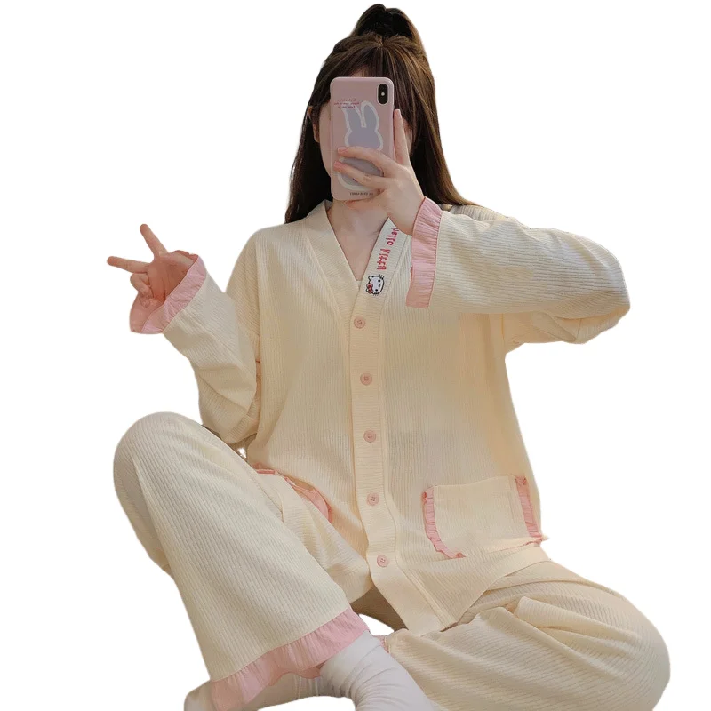 

Sanrio Hello Kitty, пижамы для молодых девушек, кавайные студенческие осенние пижамы с героями мультфильмов для отдыха, длинные брюки с длинными рукавами, минималистичный комплект домашней одежды, новый